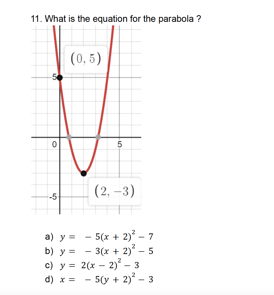 11. What is the equation for the parabola ?
5
0
--5-
(0,5)
a) y =
b) y
c) y =
d) x =
=
5
(2, -3)
7
− 5(x + 2)²
- 3(x + 2)² - 5
2(x - 2)² - 3
5(y + 2)² - 3