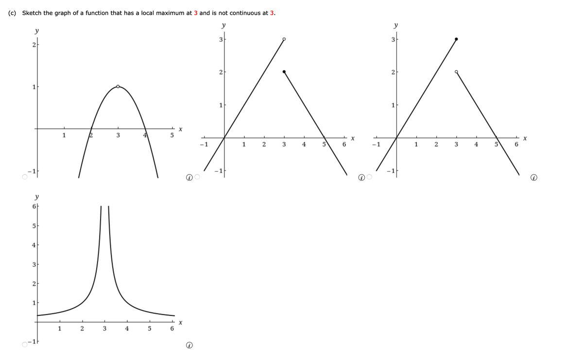 (c) Sketch the graph of a function that has a local maximum at 3 and is not continuous at 3.
y
y
y
3
3
2
2
X
1
3
4
5
-1
1
3
4
6
-1
1
2
3
4
5
6
-1
y
6-
5
4
3
2
1
1
2
3
4
5
