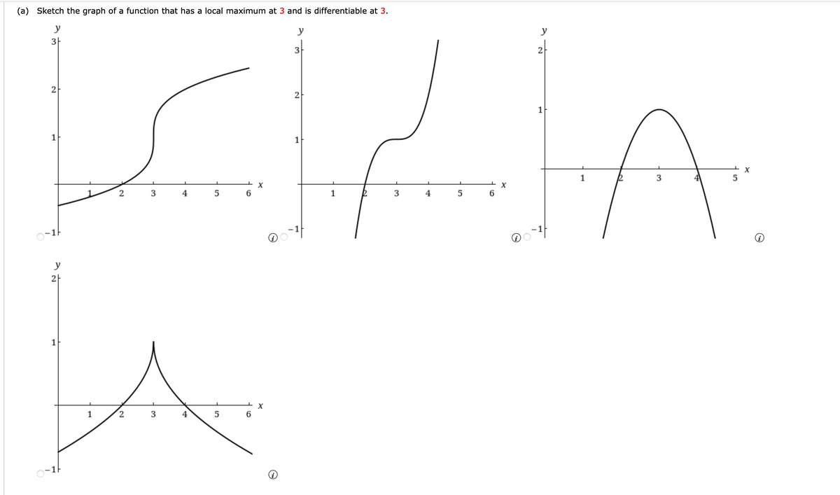 (a) Sketch the graph of a function that has a local maximum at 3 and is differentiable at 3.
y
y
y
3-
1
1
X
1
5
3
4 5
6.
1
3
4
5
y
1
3
-1t
21
2.
1.
1.
21
