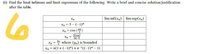 (6) Find the limit infimum and limit supremum of the following. Write a brief and concise solution/justification
after the table.
6
Xn
xn=3-(-1)"
Xn=cos (2)
Vị trí
Xn=
2-5
Xnwhere (yn) is bounded
Xn=n(1 + (-1)") +n¹((-1)-1)
lim inf(x) lim sup(x)