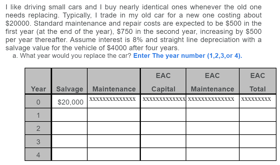 I like driving small cars and I buy nearly identical ones whenever the old one
needs replacing. Typically, I trade in my old car for a new one costing about
$20000. Standard maintenance and repair costs are expected to be $500 in the
first year (at the end of the year), $750 in the second year, increasing by $500
per year thereafter. Assume interest is 8% and straight line depreciation with a
salvage value for the vehicle of $4000 after four years.
a. What year would you replace the car? Enter The year number (1,2,3,or 4).
EAC
EAC
EAC
Year
Salvage
Maintenance
Capital
Maintenance
Total
XXXXXX
XXXXXXX
XXXXXXXXXXXXX XXXXXXXXXXXXXX
XXXXXXXXX
$20,000
1
3
4
