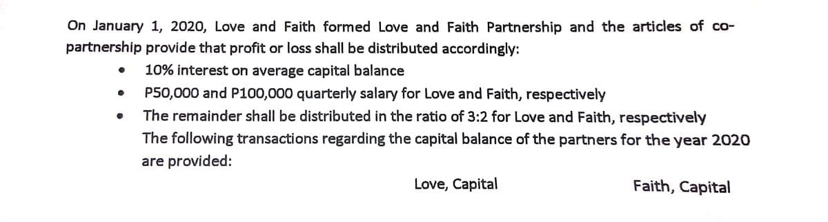 On January 1, 2020, Love and Faith formed Love and Faith Partnership and the articles of co-
partnership provide that profit or loss shall be distributed accordingly:
10% interest on average capital balance
P50,000 and P100,000 quarterly salary for Love and Faith, respectively
The remainder shall be distributed in the ratio of 3:2 for Love and Faith, respectively
The following transactions regarding the capital balance of the partners for the year 2020
are provided:
Love, Capital
Faith, Capital
