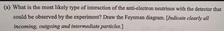 (a) What is the most likely type of interaction of the anti-electron neutrinos with the detector that
could be observed by the experiment? Draw the Feynman diagram. [Indicate clearly all
incoming, outgoing and intermediate particles.]