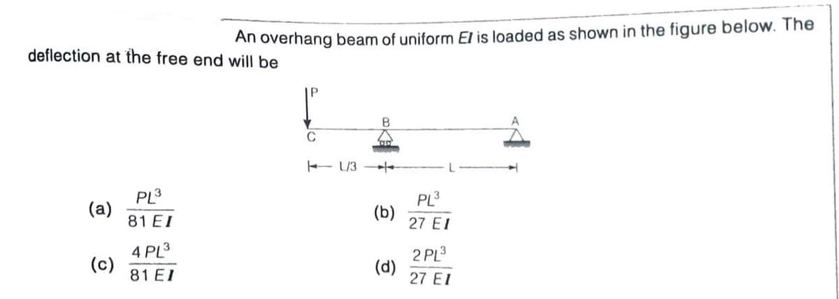 An overhang beam of uniform El is loaded as shown in the figure below. The
deflection at the free end will be
C
- L/3
PL3
(a)
81 EI
PL3
(b)
27 EI
4 PL3
(c)
81 EI
2 PL3
(d)
27 EI
