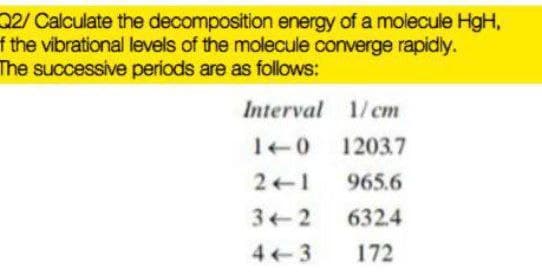 Q2/ Calculate the decomposition energy of a molecule HgH,
f the vibrational levels of the molecule converge rapidly.
The successive periods are as follows:
Interval 1/cm
1203.7
2+1
965.6
3+2
632.4
4 3
172
