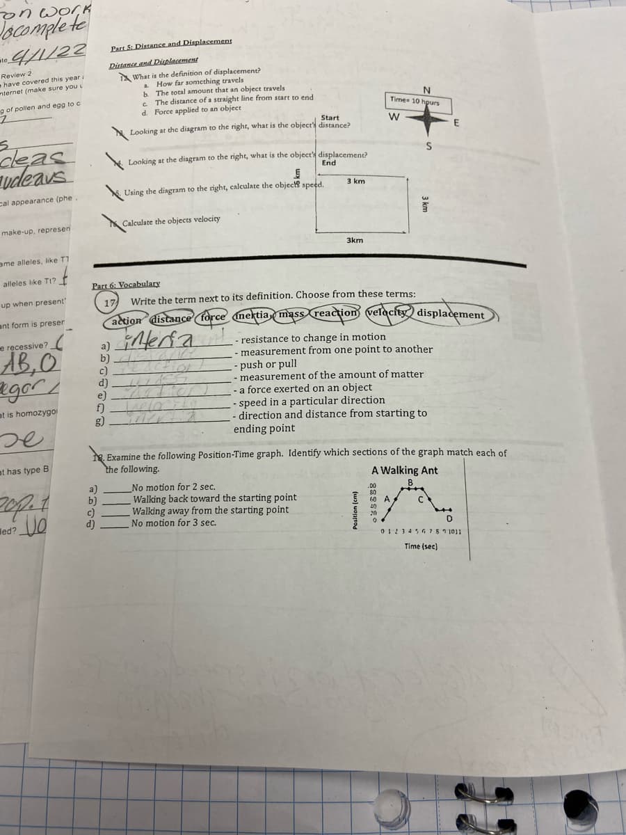 on Wor,K
Part 5: Distance and Displacement
4/22
ate_
Review 2
have covered this year i
nternet (make sure you u
Distance and Displacement
A What is the definition of displacement?
How far somcthing travels
b. The total amount that an object travels
c The distance of a straight line from start to end
d. Force applied to an object
a.
g of pollen and egg to c
Time 10 hpurs
Start
Looking at the diagram to the right, what is the objects distance?
E
cleas
udeavs
Looking at the diagram to the right, what is the object's displacement?
End
3 km
Using the diagram to the right, calculate the object speed.
cal appearance (phe
Calculate the objects velocity
make-up, represen
3km
ame alleles, like T1
alleles like T1?I
Part 6: Vocabulary
up when present
Write the term next to its definition. Choose from these terms:
ant form is preser
action distance force nektia mass (reaction velocity) displacement
resistance to change in motion
- measurement from one point to another
- push or pull
- measurement of the amount of matter
- a force exerted on an object
speed in a particular direction
direction and distance from starting to
ending point
e recessive?
AB,0
gor
a)
b)
c)
d)
e)
f)
g)
at is homozygoi
e. Examine the following Position-Time graph. Identify which sections of the graph match each of
the following.
at has type B
A Walking Ant
a)
b)
c)
d)
No motion for 2 sec.
Walking back toward the starting point
Walking away from the starting point
No motion for 3 sec.
E 60
40
20
led?
012345G 787 1011
Time (sec)
Positlon (cm)
3 km
