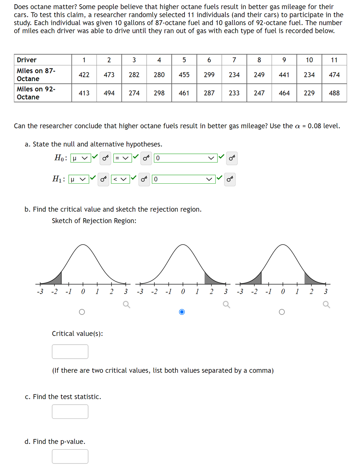 Does octane matter? Some people believe that higher octane fuels result in better gas mileage for their
cars. To test this claim, a researcher randomly selected 11 individuals (and their cars) to participate in the
study. Each individual was given 10 gallons of 87-octane fuel and 10 gallons of 92-octane fuel. The number
of miles each driver was able to drive until they ran out of gas with each type of fuel is recorded below.
Driver
Miles on 87-
Octane
Miles on 92-
Octane
1
H₁: H
-3
422
-2 -1 0
2
+
1
Critical value(s):
3
473 282
c. Find the test statistic.
d. Find the p-value.
4
280
b. Find the critical value and sketch the rejection region.
Sketch of Rejection Region:
+
2 3
5
0
455
0
6
Can the researcher conclude that higher octane fuels result in better gas mileage? Use the a = 0.08 level.
a. State the null and alternative hypotheses.
Ho: μ ν
7
413 494 274 298 461 287 233 247 464 229 488
299 234
8
249 441
9
(If there are two critical values, list both values separated by a comma)
+
+
+
+
+
-3 -2 -1 0 1 2 3 -3 -2 -1
10
234
+
0 1
11
474
2 3