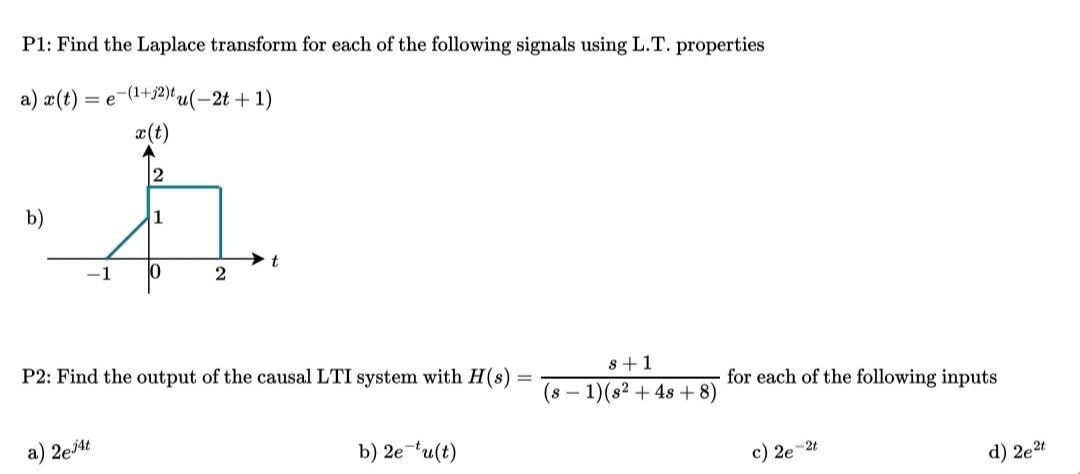 P1: Find the Laplace transform for each of the following signals using L.T. properties
a) x(t) = e-(¹+j2)tu(-2t + 1)
b)
2
a) 2ej4t
1
10
2
t
P2: Find the output of the causal LTI system with H(s)
b) 2e-tu(t)
8+1
(s 1) (s2 +48 + 8)
for each of the following inputs
c) 2e-2t
d) 2e2t