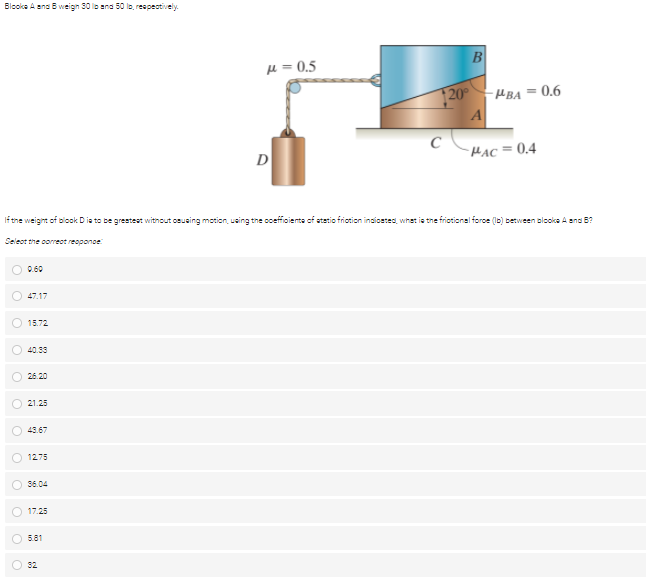 Blooka A ano B weign 30 lo and 50 lo, respectively.
µ = 0.5
20
- HBA = 0.6
HẠC = 0.4
D
If the weight of blcok Dia to be grestest witnout csusing motion, using the coceffioieta of atetio friotion inciceted, whet is the frictional force (Ib) between blooka A and B?
Seleot the oorreot reoponoe
0.60
47.17
15.72
40.33
26.20
21.25
43.67
1275
36.04
17.25
5.81
S2
O o
