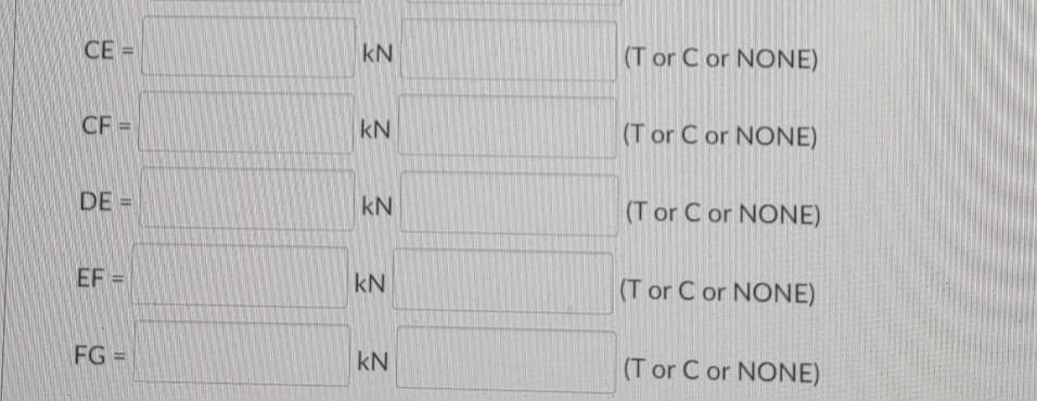 CE=
CF =
DE =
EF=
FG =
KN
KN
kN
kN
kN
(T or C or NONE)
(T or C or NONE)
(T or C or NONE)
(T or C or NONE)
(T or C or NONE)