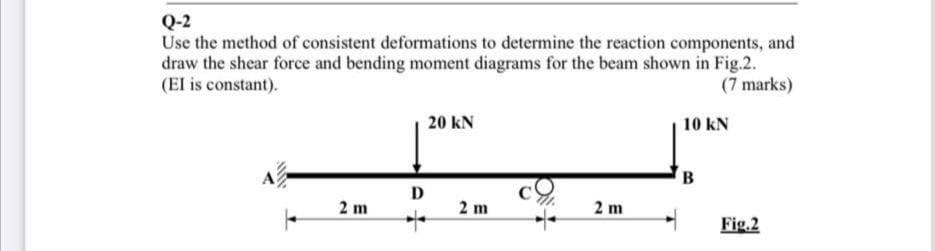 Q-2
Use the method of consistent deformations to determine the reaction components, and
draw the shear force and bending moment diagrams for the beam shown in Fig.2.
(El is constant).
(7 marks)
20 kN
10 kN
D
2 m
2 m
2 m
Fig.2
