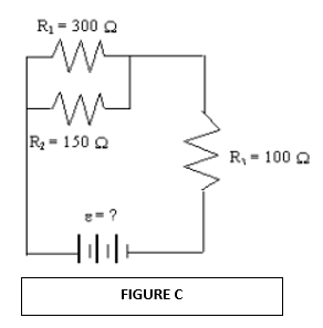 R = 300 Q
R = 150 Q
R, = 100 a
e=?
FIGURE C
