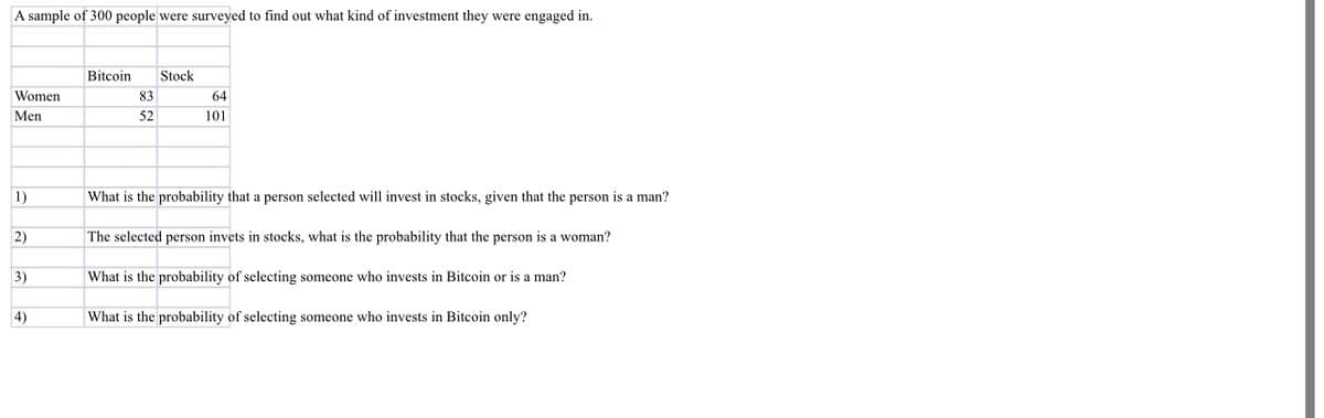 A sample of 300 people were surveyed to find out what kind of investment they were engaged in.
Women
Men
1)
2)
3)
4)
Bitcoin
83
52
Stock
64
101
What is the probability that a person selected will invest in stocks, given that the person is a man?
The selected person invets in stocks, what is the probability that the person is a woman?
What is the probability of selecting someone who invests in Bitcoin or is a man?
What is the probability of selecting someone who invests in Bitcoin only?