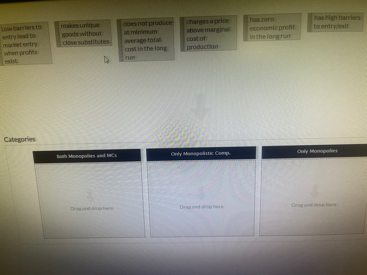 Low barriers to
entry lead to
market entry
when profits
exist.
Categories
makes unique
goods without
close substitutes
As
Both Monopolies and MCs
Drag and drop here
does not produce
at minimum
average total
cost in the long
run
charges a price
above marginal
cost of
production
Only Monopolistic Comp.
Drag and drop here
has zero
economic profit
in the long run
has high barriers
to entry/exit
Only Monopolies
Drag and drop here