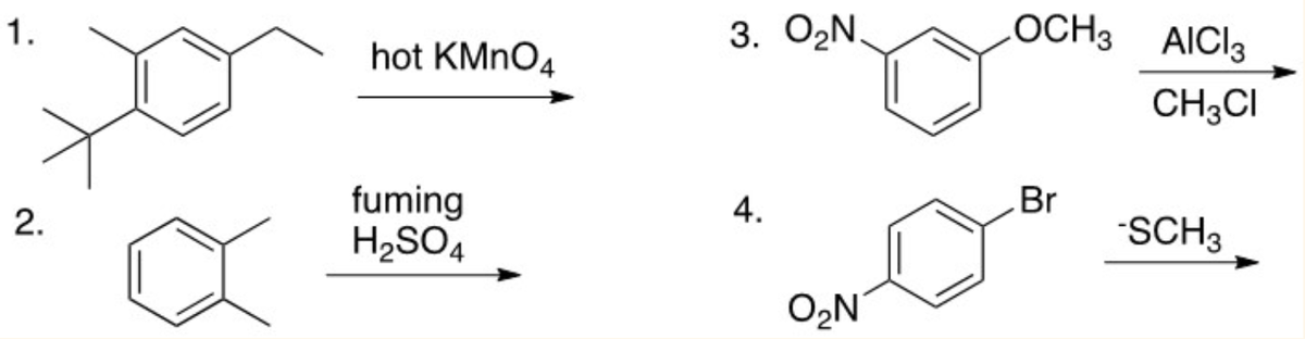 3. O2N.
LOCH3 AICI3
1.
hot KMNO4
CH3CI
fuming
H2SO4
4.
Br
SCH3
O2N
2.
