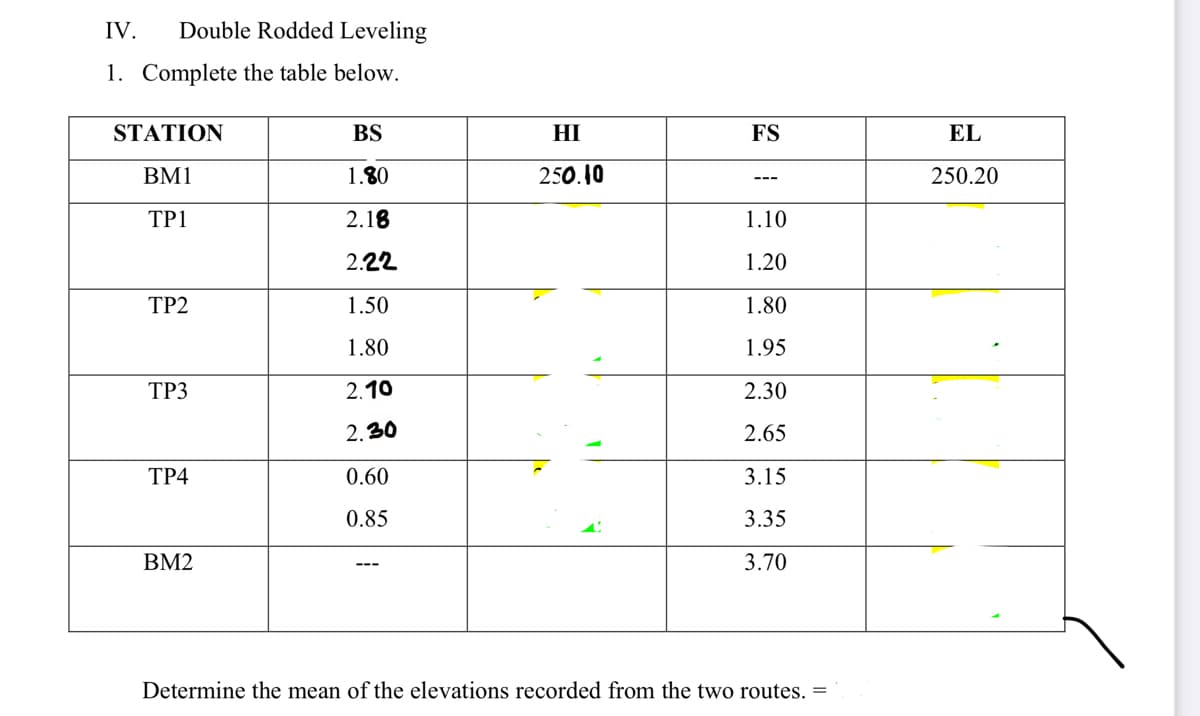 IV.
Double Rodded Leveling
1. Complete the table below.
STATION
BM1
TP1
TP2
TP3
TP4
BM2
BS
1.80
2.18
2.22
1.50
1.80
2.10
2.30
0.60
0.85
HI
250.10
FS
---
1.10
1.20
1.80
1.95
2.30
2.65
3.15
3.35
3.70
Determine the mean of the elevations recorded from the two routes. =
EL
250.20