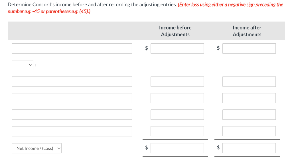 Determine Concord's income before and after recording the adjusting entries. (Enter loss using either a negative sign preceding the
number e.g. -45 or parentheses e.g. (45).)
7:
Net Income /(Loss)
$
$
LA
Income before
Adjustments
$
$
Income after
Adjustments