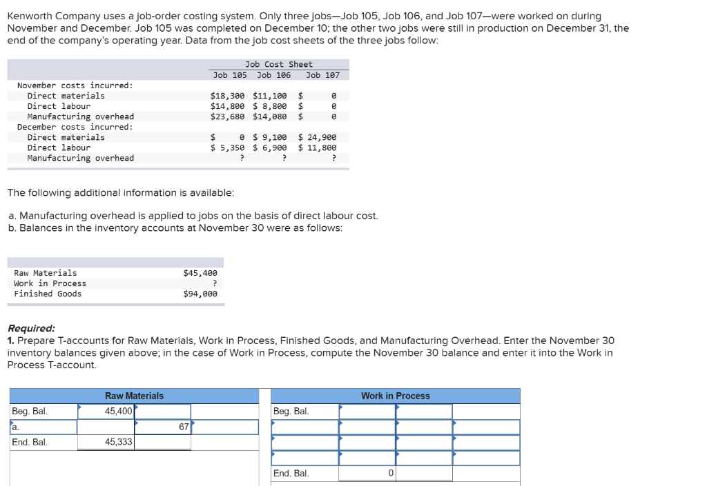 Kenworth Company uses a job-order costing system. Only three jobs-Job 105, Job 106, and Job 107-were worked on during
November and December. Job 105 was completed on December 10; the other two jobs were still in production on December 31, the
end of the company's operating year. Data from the job cost sheets of the three jobs follow:
November costs incurred:
Direct materials
Direct labour
Manufacturing overhead
December costs incurred:
Direct materials
Direct labour
Manufacturing overhead
Raw Materials
Work in Process
Finished Goods
Beg. Bal.
a.
End. Bal.
The following additional information is available:
a. Manufacturing overhead is applied to jobs on the basis of direct labour cost.
b. Balances in the inventory accounts at November 30 were as follows:
Raw Materials
45,400
Job Cost Sheet
Job 105 Job 106 Job 107
45,333
$18,300 $11,100 $
$14,800 $8,800 $
$23,680 $14,080 $
Required:
1. Prepare T-accounts for Raw Materials, Work in Process, Finished Goods, and Manufacturing Overhead. Enter the November 30
inventory balances given above; in the case of Work in Process, compute the November 30 balance and enter it into the Work in
Process T-account.
67
$ 0 $9,100 $ 24,900
$5,350 $6,900 $ 11,800
?
?
$45,400
?
$94,000
0
0
0
Beg. Bal.
End. Bal.
Work in Process
0