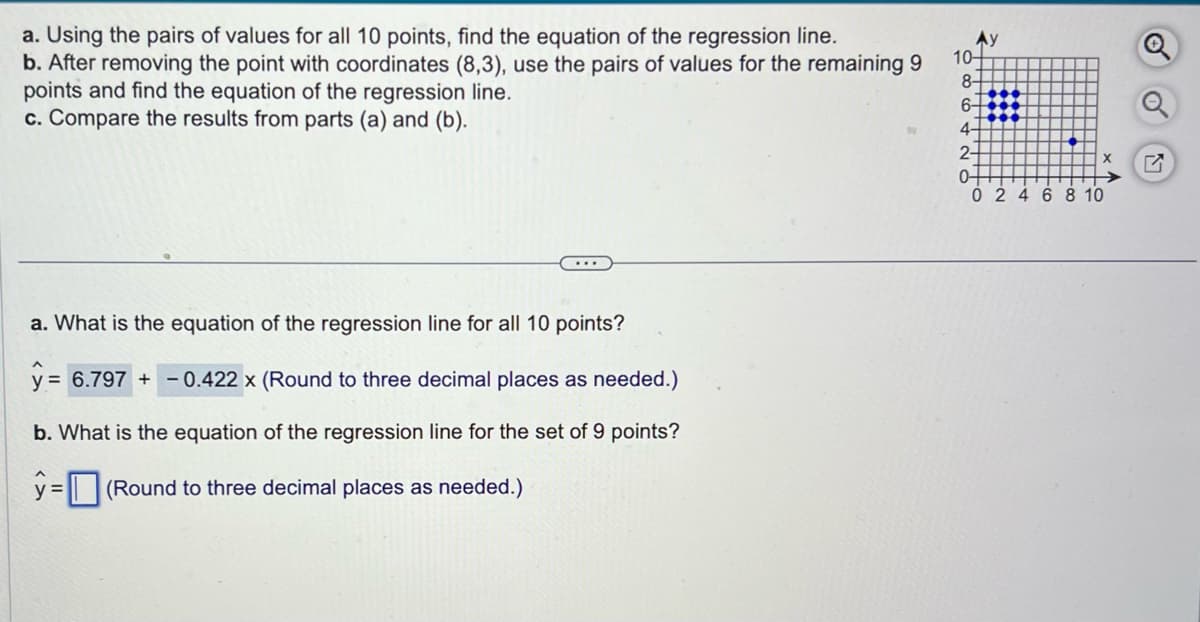 a. Using the pairs of values for all 10 points, find the equation of the regression line.
b. After removing the point with coordinates (8,3), use the pairs of values for the remaining 9
points and find the equation of the regression line.
c. Compare the results from parts (a) and (b).
...
a. What is the equation of the regression line for all 10 points?
y = 6.797 + - 0.422 x (Round to three decimal places as needed.)
b. What is the equation of the regression line for the set of 9 points?
y = (Round to three decimal places as needed.)
286
2.
++|+|+
10-
6-
4-
otttt
2-
0-
0 2 4 6 8 10