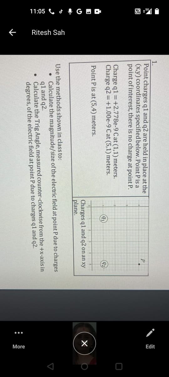 11:05 C d ļ G A O
图“
ぐ
Ritesh Sah
...
More
Edit
1.
Point charges ql and q2 are held in place at the
(x,y) coordinates specified below. Point P is a
point of interest, there is no charge at point P.
Charge q1 +2.778e-9 Cat (1,1) meters.
Charge q2 = +1.00e-9 Cat (5,1) meters.
Point P is at (5,4) meters.
Charges q1 and q2 on an xy
plane.
Use the methods shown in class to:
• Calculate the magnitude/size of the electric field at point P due to charges
q1 and q2.
• Calculate the Trig Angle, measured counter-clockwise from the +x-axis in
degrees, of the electric field at point P due to charges q1 and q2.
