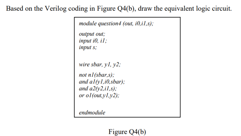 Based on the Verilog coding in Figure Q4(b), draw the equivalent logic circuit.
module question4 (out, i0,il,s);
output out;
iпрut i0, il;
inрut s;
wire sbar, yl, y2;
not n1(sbar,s);
and a1(yl,i0,sbar);
and a2(y2,il,s);
or ol(out,yl,y2);
endmodule
Figure Q4(b)
