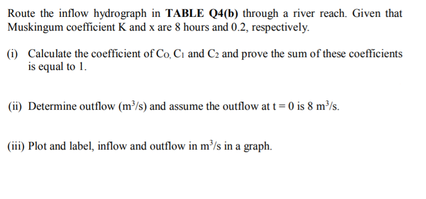 Route the inflow hydrograph in TABLE Q4(b) through a river reach. Given that
Muskingum coefficient K and x are 8 hours and 0.2, respectively.
(i) Calculate the coefficient of Co, Ci and C2 and prove the sum of these coefficients
is equal to 1.
(ii) Determine outflow (m³/s) and assume the outflow at t = 0 is 8 m³/s.
(iii) Plot and label, inflow and outflow in m³/s in a graph.
