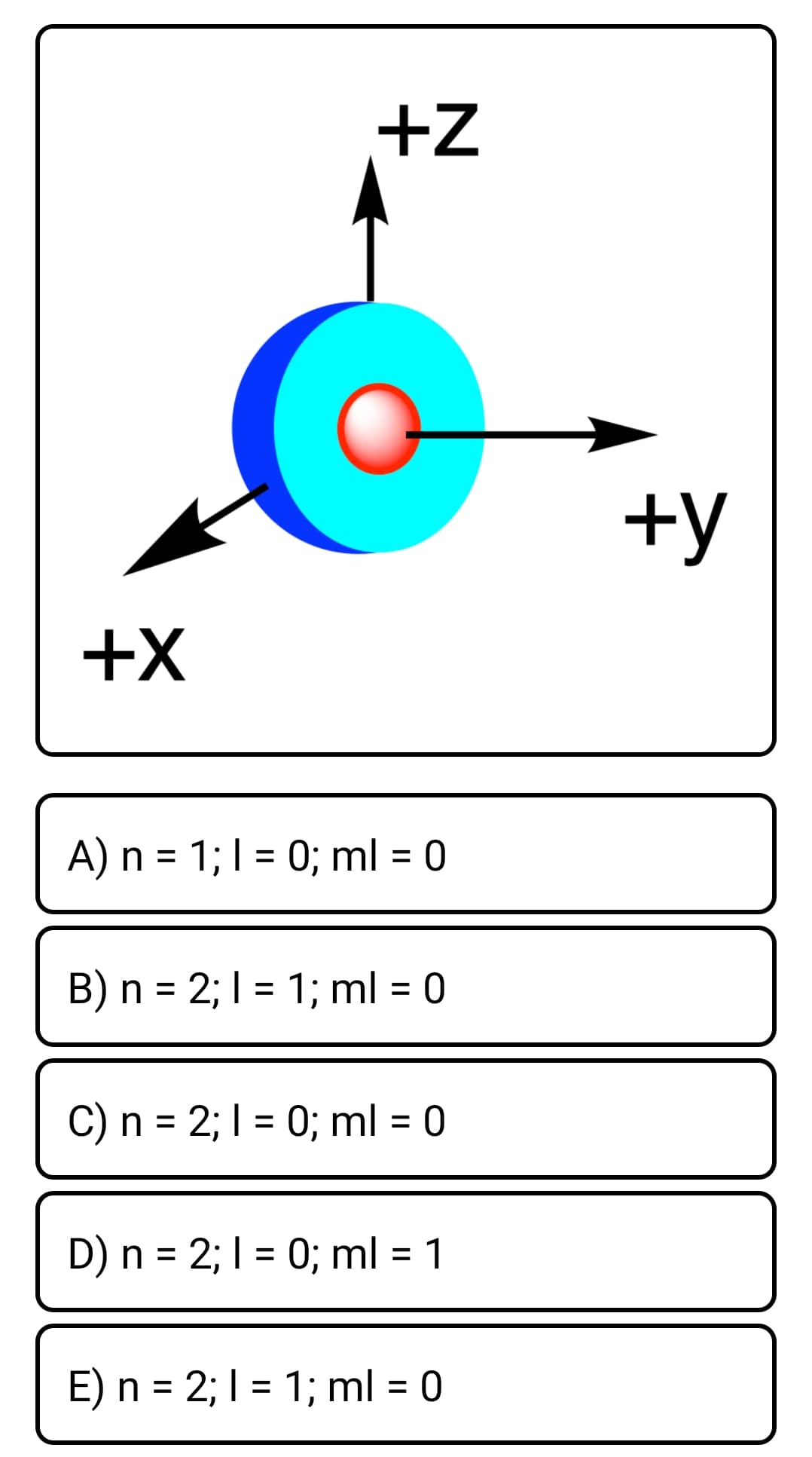 +Z
+y
+X
A) n = 1;1 = 0; ml = 0
%3D
B) n = 2; I = 1; ml = 0
%3D
%3D
C) n = 2; | = 0; ml = 0
%3D
D) n = 2; 1 = 0; ml = 1
E) n = 2; I = 1; ml = 0
%3D
%3D
