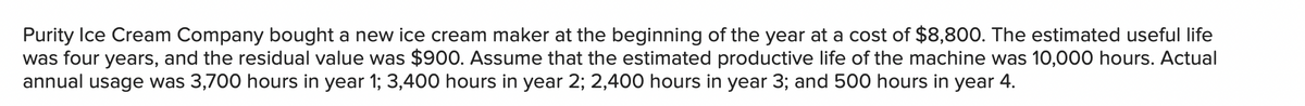 Purity Ice Cream Company bought a new ice cream maker at the beginning of the year at a cost of $8,800. The estimated useful life
was four years, and the residual value was $900. Assume that the estimated productive life of the machine was 10,000 hours. Actual
annual usage was 3,700 hours in year 1; 3,400 hours in year 2; 2,400 hours in year 3; and 500 hours in year 4.