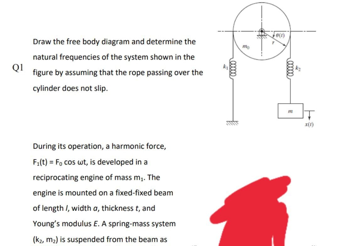 Q1
Draw the free body diagram and determine the
natural frequencies of the system shown in the
figure by assuming that the rope passing over the
cylinder does not slip.
During its operation, a harmonic force,
F₁(t) = Fo cos wt, is developed in a
reciprocating engine of mass m₁. The
engine is mounted on a fixed-fixed beam
of length /, width a, thickness t, and
Young's modulus E. A spring-mass system
(k2, m₂) is suspended from the beam as
00000
mo
0(1)
·00000,
m
x(1)