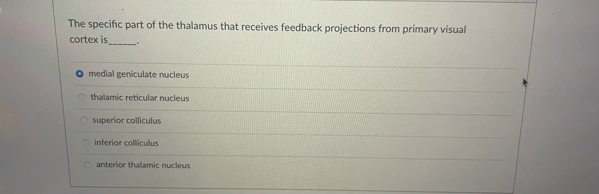 The specific part of the thalamus that receives feedback projections from primary visual
cortex is -
O medial geniculate nucleus
O thalamic reticular nucleus
O superior colliculus
O inferior colliculus
O anterior thalamic nucleus
