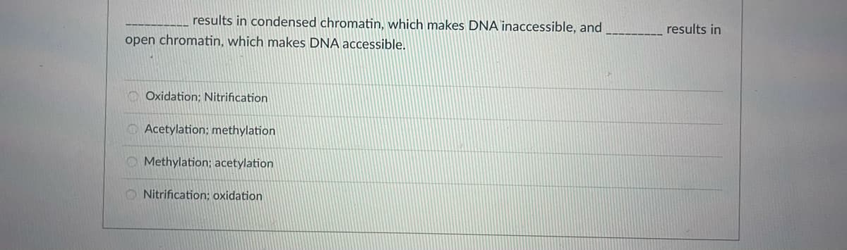 results in condensed chromatin, which makes DNA inaccessible, and
results in
open chromatin, which makes DNA accessible.
Oxidation; Nitrification
OAcetylation; methylation
O Methylation; acetylation
O Nitrification; oxidation
