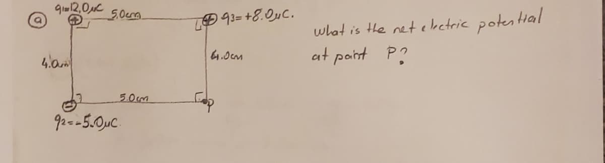 912,0NC
93=+8.0C.
what is the netckctric potential
at port P?
4.am
64.0cm
5.0cm
92--5.0uC.
