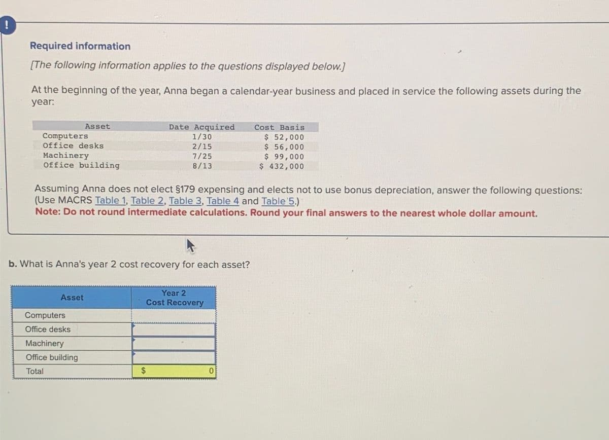 Required information
[The following information applies to the questions displayed below.]
At the beginning of the year, Anna began a calendar-year business and placed in service the following assets during the
year:
Computers
Office desks
Machinery
Office building
Asset
Asset
Assuming Anna does not elect §179 expensing and elects not to use bonus depreciation, answer the following questions:
(Use MACRS Table 1, Table 2, Table 3, Table 4 and Table 5.)
Note: Do not round intermediate calculations. Round your final answers to the nearest whole dollar amount.
b. What is Anna's year 2 cost recovery for each asset?
Computers
Office desks
Machinery
Office building
Total
Date Acquired
1/30
2/15
7/25
8/13
Year 2
Cost Recovery
$
Cost Basis
$ 52,000
$ 56,000
$ 99,000
$ 432,000
0