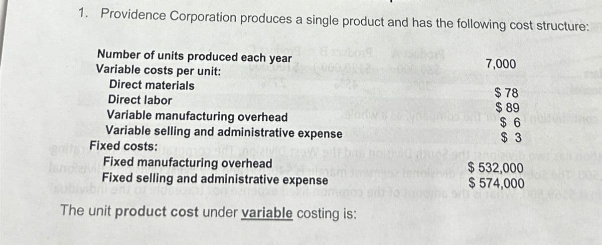 1. Providence Corporation produces a single product and has the following cost structure:
Number of units produced each year
Variable costs per unit:
Direct materials
Direct labor
Variable manufacturing overhead
Variable selling and administrative expense
Fixed costs:
Fixed manufacturing overhead
Fixed selling and administrative expense
lanolevil
subivibr
The unit product cost under variable costing is:
7,000
mos i h
$78
$89
$6
$3
$532,000
$574,000