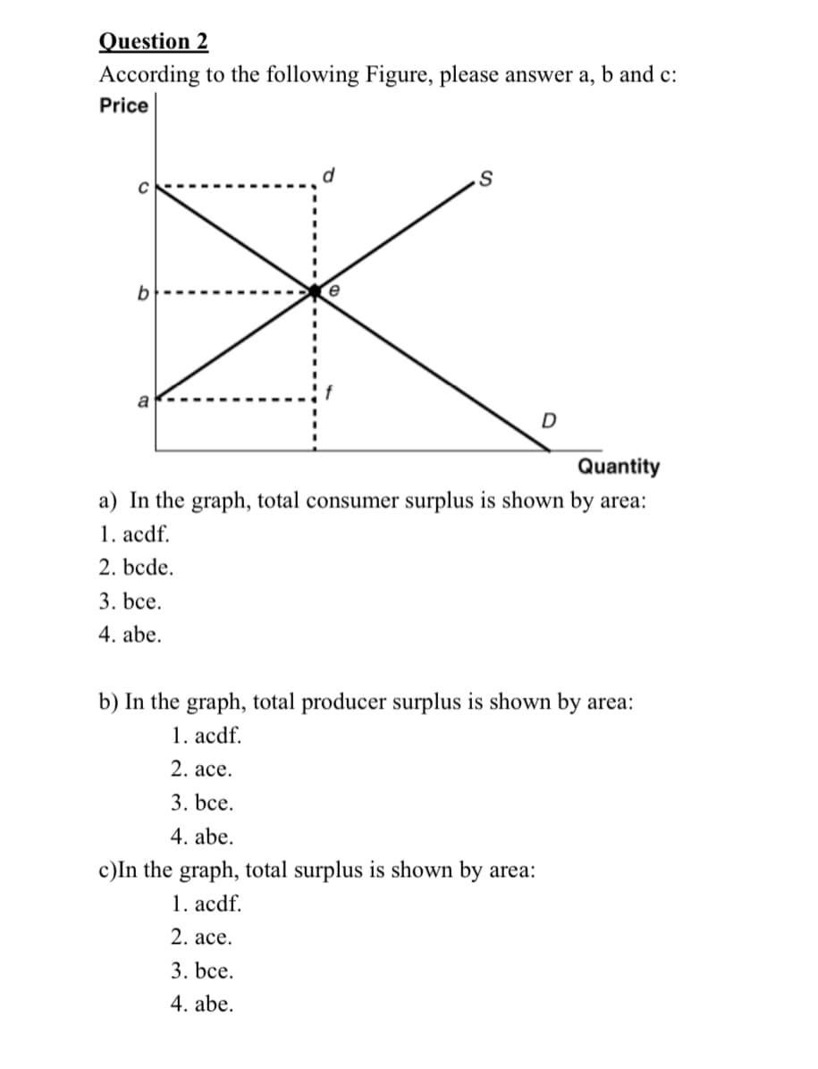 Question 2
According to the following Figure, please answer a, b and c:
Price
d
X
e
b
S
Quantity
a) In the graph, total consumer surplus is shown by area:
1. acdf.
2. bcde.
3. bce.
4. abe.
2. ace.
3. bce.
D
b) In the graph, total producer surplus is shown by area:
1. acdf.
4. abe.
c)In the graph, total surplus is shown by area:
1. acdf.
2. ace.
3. bce.
4. abe.