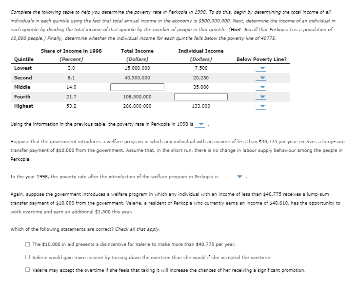 Complete the following table to help you determine the poverty rate in Perkopia in 1998. To do this, begin by determining the total income of all
individuals in each quintile using the fact that total annual income in the economy is $500,000,000. Next, determine the income of an individual in
each quintile by dividing the total income of that quintile by the number of people in that quintile. (Hint: Recall that Perkopia has a population of
10,000 people.) Finally, determine whether the individual income for each quintile falls below the poverty line of 40775.
Share of Income in 1998
Total Income
Individual Income
Quintile
(Percent)
(Dollars)
(Dollars)
Below Poverty Line?
Lowest
3.0
15,000,000
7,500
Second
8.1
40,500,000
20,250
Middle
14.0
35,000
Fourth
21.7
108,500,000
Highest
53.2
266,000,000
133,000
Using the information in the previous table, the poverty rate in Perkopia in 1998 is
Suppose that the government introduces a welfare program in which any individual with an income of less than $40,775 per year receives a lump-sum
transfer payment of $10,000 from the government. Assume that, in the short run, there is no change in labour supply behaviour among the people in
Perkopia.
In the year 1998, the poverty rate after the introduction of the welfare program in Perkopia is
Again, suppose the government introduces a welfare program in which any individual with an income of less than $40,775 receives a lump-sum
transfer payment of $10,000 from the government. Valerie, a resident of Perkopia who currently earns an income of $40,610, has the opportunity to
work overtime and earn an additional $1,500 this year.
Which of the following statements are correct? Check all that apply.
O The $10,000 in aid presents a disincentive for Valerie to make more than $40,775 per year.
O valerie would gain more income by turning down the overtime than she would if she accepted the overtime.
O Valerie may accept the overtime if she feels that taking it will increase the chances of her receiving a significant promotion.
