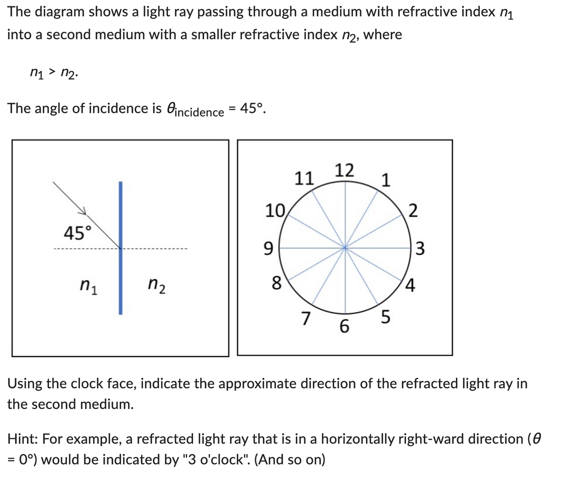 The diagram shows a light ray passing through a medium with refractive index n₁
into a second medium with a smaller refractive index n₂, where
n₁ > n₂.
The angle of incidence is incidence = 45°.
45°
n₁
n₂
10
9
8
11
7
12
6
1
5
2
4
3
Using the clock face, indicate the approximate direction of the refracted light ray in
the second medium.
Hint: For example, a refracted light ray that is in a horizontally right-ward direction (0
= 0°) would be indicated by "3 o'clock". (And so on)