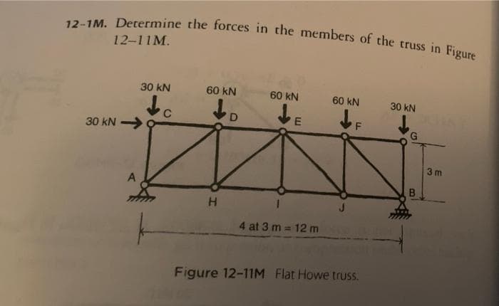 12-1M. Determine the forces in the members of the truss in Figure
12-11M.
30 kN-
A
30 kN
to
60 kN
do
H
60 KN
LE
4 at 3 m = 12 m
60 kN
F
Figure 12-11M Flat Howe truss.
30 kN
G
B
3m