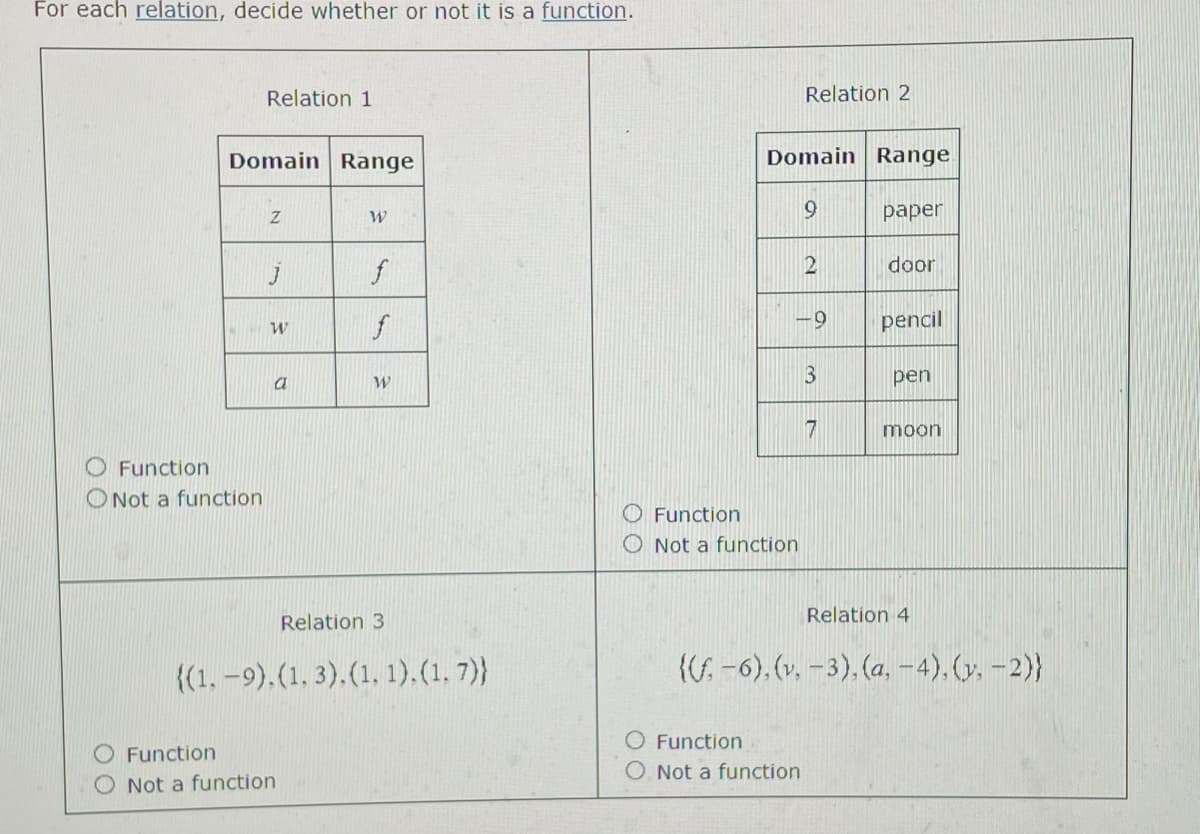 For each relation, decide whether or not it is a function.
Relation 1
Relation 2
Domain Range
Domain Range
paper
f
2
door
f
6-
pencil
3
pen
a
7
moon
O Function
O Not a function
O Function
O Not a function
Relation 3
Relation 4
{(1, -9).(1, 3).(1, 1).(1, 7)}
{( -6), (v, -3), (a, –4), (y, -2)}
O Function
O Function
O Not a function
O Not a function
