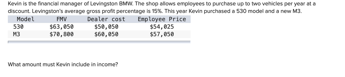 Kevin is the financial manager of Levingston BMW. The shop allows employees to purchase up to two vehicles per year at a
discount. Levingston's average gross profit percentage is 15%. This year Kevin purchased a 530 model and a new M3.
Model
Dealer cost
Employee Price
530
M3
FMV
$63,050
$70,800
$50,050
$60,050
What amount must Kevin include in income?
$54,025
$57,050