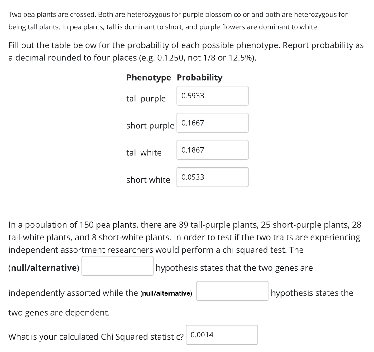 Two pea plants are crossed. Both are heterozygous for purple blossom color and both are heterozygous for
being tall plants. In pea plants, tall is dominant to short, and purple flowers are dominant to white.
Fill out the table below for the probability of each possible phenotype. Report probability as
a decimal rounded to four places (e.g. 0.1250, not 1/8 or 12.5%).
Phenotype Probability
0.5933
tall purple
0.1667
short purple
0.1867
tall white
0.0533
short white
In a population of 150 pea plants, there are 89 tall-purple plants, 25 short-purple plants, 28
tall-white plants, and 8 short-white plants. In order to test if the two traits are experiencing
independent assortment researchers would perform a chi squared test. The
(null/alternative)
hypothesis states that the two genes are
independently assorted while the (null/alternative)
hypothesis states the
two genes are dependent.
What is your calculated Chi Squared statistic? 0.0014
