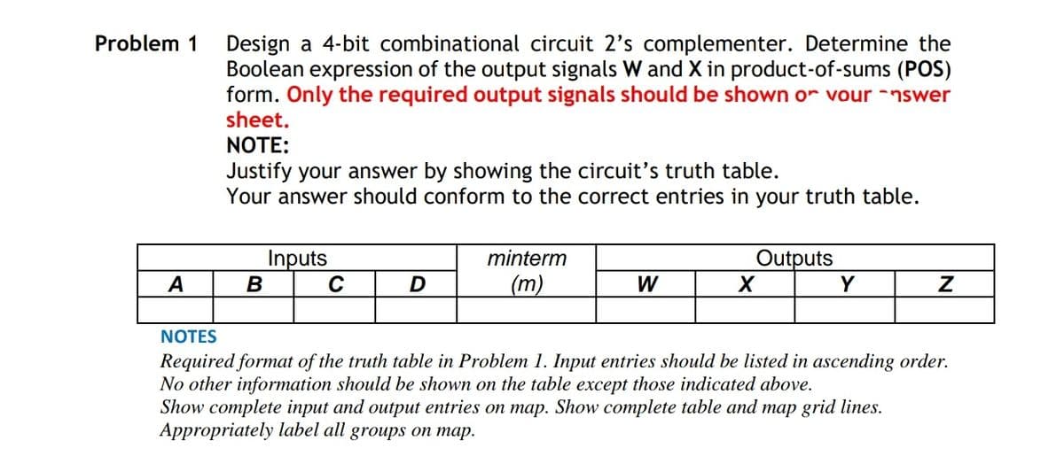 Problem 1
A
Design a 4-bit combinational circuit 2's complementer. Determine the
Boolean expression of the output signals W and X in product-of-sums (POS)
form. Only the required output signals should be shown or vour answer
sheet.
NOTE:
Justify your answer by showing the circuit's truth table.
Your answer should conform to the correct entries in your truth table.
B
Inputs
C
D
minterm
(m)
W
X
Outputs
Y
Z
NOTES
Required format of the truth table in Problem 1. Input entries should be listed in ascending order.
No other information should be shown on the table except those indicated above.
Show complete input and output entries on map. Show complete table and map grid lines.
Appropriately label all groups on map.