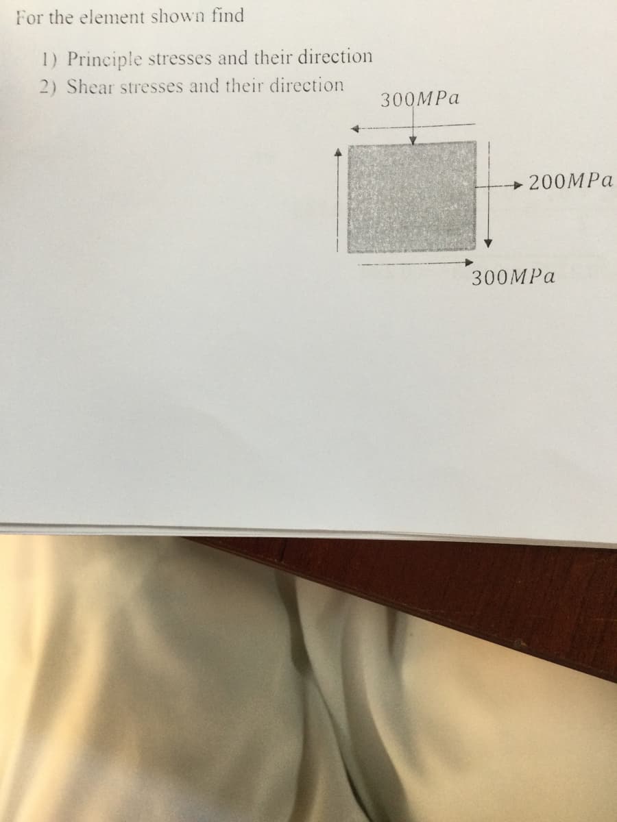 For the element shown find
1) Principle stresses and their direction
2) Shear stresses and their direction
300MPA
+200MPA
300MPA
