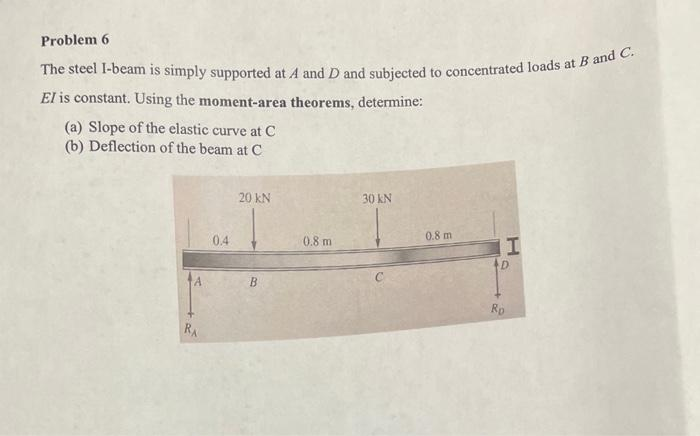 Problem 6
The steel I-beam is simply supported at A and D and subjected to concentrated loads at B and C.
El is constant. Using the moment-area theorems, determine:
(a) Slope of the elastic curve at C
(b) Deflection of the beam at C
A
RA
0.4
20 kN
B
0.8 m
30 kN
0.8 m
I
D
Rp