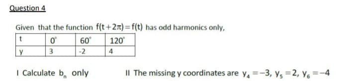 Question 4
Given that the function f(t+27)= f(t) has odd harmonics only,
60°
120
y
3
-2
4
I Calculate b, only
II The missing y coordinates are y, =-3, y, =2, y =-
