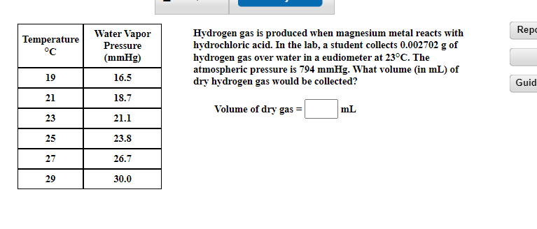 Water Vapor
Repo
Hydrogen gas is produced when magnesium metal reacts with
hydrochloric acid. In the lab, a student collects 0.002702 g of
hydrogen gas over water in a eudiometer at 23°C. The
atmospheric pressure is 794 mmHg. What volume (in mL) of
dry hydrogen gas would be collected?
Temperature
°C
Pressure
(mmHg)
19
16.5
Guid
21
18.7
Volume of dry gas =
mL
23
21.1
25
23.8
27
26.7
29
30.0
