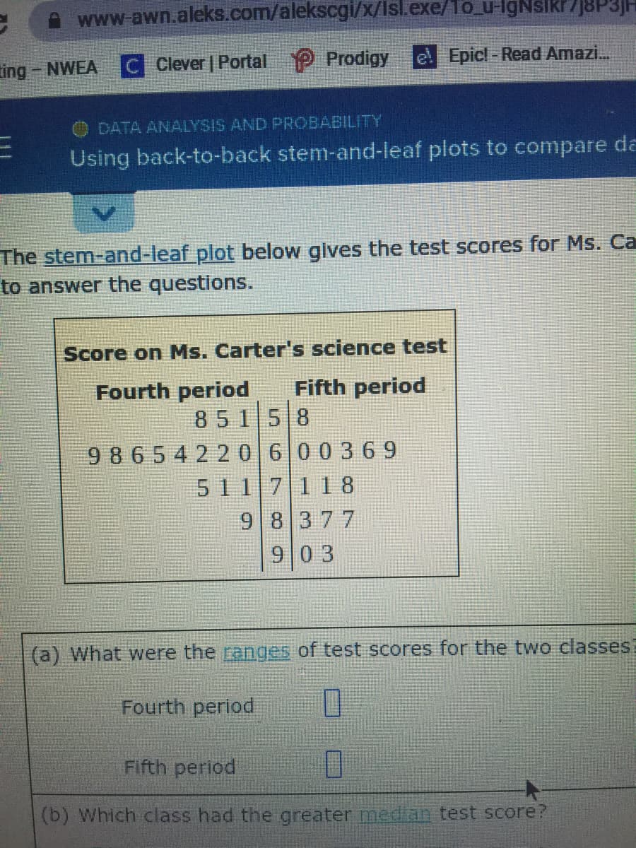 www.awn.aleks.com/alekscgi/x/Isl.exe/To_u-lgNsikr?J8P3|H
ing - NWEA
C Clever | Portal P Prodigy
e Epicl -Read Amazi.
DATA ANALYSIS AND PROBABILITY
Using back-to-back stem-and-leaf plots to compare de
The stem-and-leaf plot below glves the test scores for Ms. Ca
to answer the questions.
Score on Ms. Carter's science test
Fourth period
Fifth period
85 158
9865 4 2206 00369
51 17118
98377
903
(a) What were the ranges of test scores for the two classes
Fourth period
Fifth period
(b) Which class had the greater median test score?
