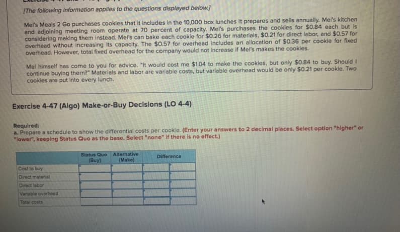 [The foilowing information applies to the questions displayed below.]
Mel's Meals 2 Go purchases cookies that it includes in the 10,000 box lunches it prepares and sells annually. Mel's kitchen
and adjoining meeting room operate at 70 percent of capacity. Mel's purchases the cookies for $0.84 each but is
considering making them instead. Mel's can bake each cookie for $0.26 for materials, $0.21 for direct labor, and $0.57 for
overhead without increasing its capacity. The $0.57 for overhead includes an allocation of $0.36 per cookie for fixed
overhead. However, total fixed overhead for the company would not increase if Mel's makes the cookies.
Mel himself has come to you for advice. "It would cost me $1.04 to make the cookies, but only $0.84 to buy. Should I
continue buying them?" Materials and labor are variable costs, but variable overhead would be only $0.21 per cookle. Two
cookies are put into every lunch.
Exercise 4-47 (Algo) Make-or-Buy Decisions (LO 4-4)
Required:
a. Prepare a schedule to show the differential costs per cookie. (Enter your answers to 2 decimal places. Select option "higher" or
"lower", keeping Status Quo as the base. Select "none" if there is no effect.)
Status Quo Alternative
Difference
(Buy)
(Make)
Cost to buy
Direct material
Direct labor
Variable overhead
Total costs
