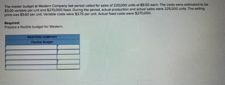 The master budget at Western Company last period called for sales of 220,000 units at $9.50 each. The costs were estimated to be
$3.00 variable per unit and $270,000 fixed. During the period, actual production and actual sales were 225,000 units. The selling
price was $9.60 per unit. Variable costs were $3.75 per unit. Actual fixed costs were $270,000.
Required:
Prepare a flexible budget for Western.
WESTERN COMPANY
Flexible Budget
