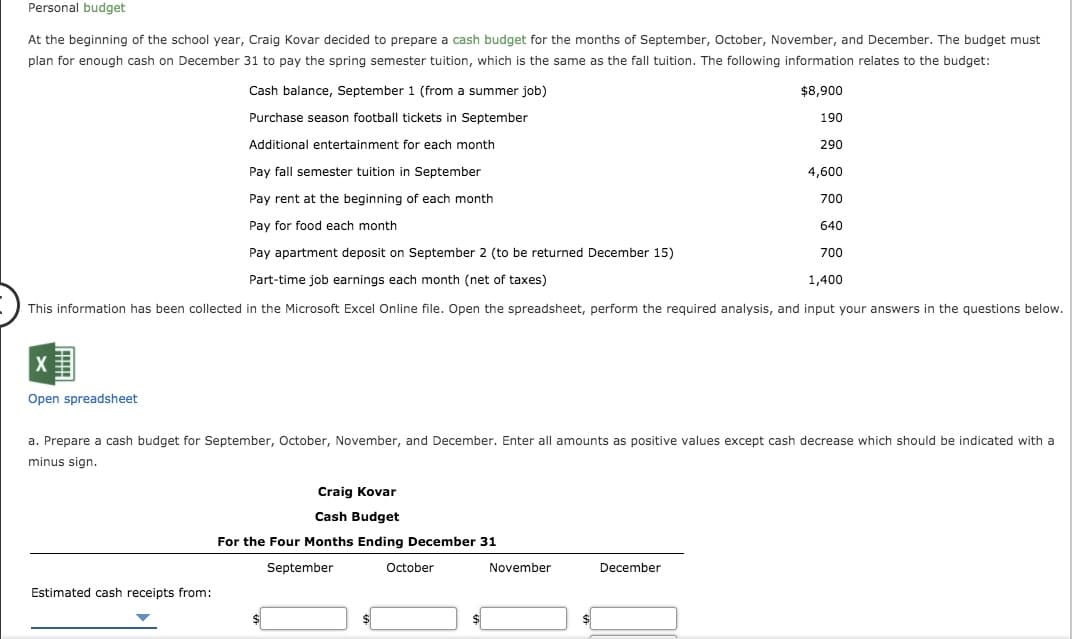 Personal budget
At the beginning of the school year, Craig Kovar decided to prepare a cash budget for the months of September, October, November, and December. The budget must
plan for enough cash on December 31 to pay the spring semester tuition, which is the same as the fall tuition. The following information relates to the budget:
Cash balance, September 1 (from a summer job)
$8,900
Purchase season football tickets in September
190
Additional entertainment for each month
290
Pay fall semester tuition in September
4,600
Pay rent at the beginning of each month
700
Pay for food each month
640
Pay apartment deposit on September 2 (to be returned December 15)
700
Part-time job earnings each month (net of taxes)
1,400
This information has been collected in the Microsoft Excel Online file. Open the spreadsheet, perform the required analysis, and input your answers in the questions below.
Open spreadsheet
a. Prepare a cash budget for September, October, November, and December. Enter all amounts as positive values except cash decrease which should be indicated with a
minus sign.
Craig Kovar
Cash Budget
For the Four Months Ending December 31
September
October
November
December
Estimated cash receipts from:
